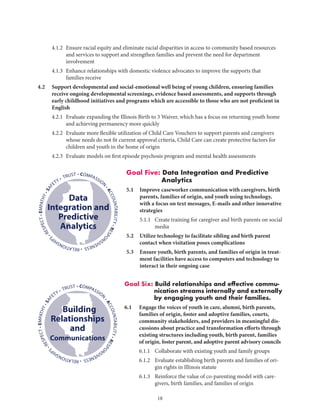 18
	 4.1.2	Ensure racial equity and eliminate racial disparities in access to community based resources
and services to support and strengthen families and prevent the need for department
involvement
	 4.1.3	Enhance relationships with domestic violence advocates to improve the supports that
families receive
4.2	Support developmental and social-emotional well being of young children, ensuring families
receive ongoing developmental screenings, evidence based assessments, and supports through
early childhood initiatives and programs which are accessible to those who are not proficient in
English
	 4.2.1	Evaluate expanding the Illinois Birth to 3 Waiver, which has a focus on returning youth home
and achieving permanency more quickly
	 4.2.2	Evaluate more flexible utilization of Child Care Vouchers to support parents and caregivers
whose needs do not fit current approval criteria, Child Care can create protective factors for
children and youth in the home of origin
	 4.2.3	 Evaluate models on first episode psychosis program and mental health assessments
Goal Five: Data Integration and Predictive
Analytics
5.1	Improve caseworker communication with caregivers, birth
parents, families of origin, and youth using technology,
with a focus on text messages, E-mails and other innovative
strategies
		 5.1.1	Create training for caregiver and birth parents on social
media
5.2	Utilize technology to facilitate sibling and birth parent
contact when visitation poses complications
5.3	Ensure youth, birth parents, and families of origin in treat-
ment facilities have access to computers and technology to
interact in their ongoing case
Goal Six: Build relationships and effective commu-
nication streams internally and externally
by engaging youth and their families.
6.1	Engage the voices of youth in care, alumni, birth parents,
families of origin, foster and adoptive families, courts,
community stakeholders, and providers in meaningful dis-
cussions about practice and transformation efforts through
existing structures including youth, birth parent, families
of origin, foster parent, and adoptive parent advisory councils
		 6.1.1	 Collaborate with existing youth and family groups
		 6.1.2	Evaluate establishing birth parents and families of ori-
gin rights in Illinois statute
		 6.1.3	Reinforce the value of co-parenting model with care-
givers, birth families, and families of origin
• COMPASSION
•ACCOUNTABILITY•RESPO
NSIVENESS•RELATIONSHIP
S
•RESPECT•EMPATHY•SAF
ETY • TRUST
Data
Integration and
Predictive
Analytics
• COMPASSION
•ACCOUNTABILITY•RESPO
NSIVENESS•RELATIONSHIP
S
•RESPECT•EMPATHY•SAF
ETY • TRUST
Building
Relationships
and
Communications
 