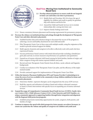 22
Goal Two: Moving from Institutional to Community
Based Care
2.1	Develop enhanced pathways to ensure youth do not languish
in foster care and reduce our time to permanency
	 2.1.1	Modify Rule and Procedure 302.10 to lower the age of
eligibility for children and youth to qualify for guardian-
ship with relatives and fictive kin
	 2.1.2	Amend the Child and Family Services Act to include
relationships after coming into foster care
	 2.1.3	 Improve Family Finding search tools
	 2.1.4	Ensure consistency between placement and licensing requirements for permanency purposes
2.2	Decrease the reliance on institutional deep end settings through the development of Therapeutic
Foster Care and other alternative placements
	 2.2.1	Establish baseline data and evaluation design to document the success of the program in
achieving a secure and healthy attachment for each child and youth
	 2.2.2	Pilot Therapeutic Foster Care in three areas with multiple models, using the originators of the
model to provide technical support for fidelity
	 2.2.3	Build capacity of parents and caregivers to be able to effectively work with youth who have
experienced trauma
	 2.2.4	Execute performance-based contract with initial selected provider including a detailed pro-
gram plan and rate, to ensure measures of performance are qualitative and quantitative
	 2.2.5	Expand use of trauma-informed, skill-based training for birth families, families of origin, and
foster caregivers living with trauma-exposed children and youth
	 2.2.6	Recruit and train Therapeutic Foster Parents from all ethnic, racial, cultural, and linguistic
backgrounds
	 2.2.7	Conduct an evaluation of the Therapeutic Foster Care pilot, and the efficiency of the imple-
mented models
	 2.2.8	 Provide continued support for implementation of Therapeutic Foster Care Pilots
2.3	Utilize the Intensive Placement Stabilization (IPS) and Trauma Provider Credentialing to in-
crease the array of services available in the community to keep children stabilized in home and
community placements
	 2.3.1	 Determine whether expressive therapies can be integrated into the array of IPS services
	 2.3.2	Build the capacity and utilization of evidence-based and evidence-informed communi-
ty-based, in-home interventions with specific focus on expanding use of trauma-informed
services
2.4	Expand the usage of Comprehensive Community Based Youth Services (CCBYS), Family Advo-
cacy Centers (FAC), Child Advocacy Centers (CAC), Crisis Nurseries and SAFE Families, cre-
ating a community approach to supporting families through better integration and alignment
with the Regional child protection programs
	 2.4.1	Establish and promote mentorship opportunities for youth, caregivers, birth parents, and
families of origin
2.5	Continue to improve the speed with which prospective foster parents can achieve licensure, to
ensure our system has the volume and quality of caregivers our children and youth need
• COMPASSION
•ACCOUNTABILITY•RESPO
NSIVENESS•RELATIONSHIP
S
•RESPECT•EMPATHY•SAF
ETY • TRUST
Moving from
Institutional
to Community
Based Care
 