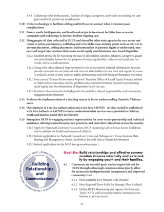 47
	 5.9.1	Collaborate with birth parents, families of origin, caregivers, and youth on training for care-
giver and birth parents on social media
5.10	Utilize technology to facilitate sibling and birth parent contact when visitation poses
complications
5.11	Ensure youth, birth parents, and families of origin in treatment facilities have access to
computers and technology to interact in their ongoing case
5.12	Disaggregate all data collected by DCFS and shared by other state agencies by race across out-
comes in safety, permanency, well being and critical decision-making points such as services to
prevent placement, sibling placements and termination of parental rights to understand, mea-
sure and target interventions that ensure racial equity and eliminates race-based disparities
	 5.12.1	Establish protocols for recording the race of all children, families, relatives, caregivers, guard-
ians and adoptive homes for the purpose of analyzing familial, cultural and racial practice
trends, services and outcomes
	 5.12.2	Along with other planned improvements to the department’s internal Information Systems
provide universal access (internal and external stakeholders to race data and reports by coun-
ty, judicial circuit or area-code on safety, permanency and well being performance outcomes
	 5.12.3	Issue annual “System Performance Reports” from the Office of Racial Equity Practice related
to child welfare outcomes, trends, problem areas and interventions focused on promoting
racial equity and the elimination of disparities based on race
	 5.12.4	Reinforce the connection to both predictive analytics, shared responsibility and community
engagement/involvement
5.13	Evaluate the implementation of a tracking system to better understanding Domestic Violence
cases
5.14	Development of a service authorization piece tied into SACWIS - services would be authorized
with data fed back to SACWIS to better understand what services were provided to children,
youth and families and if they are effective
5.15	Strengthen DCFS by engaging national opportunities for cross-sector partnership and technical
assistance, offering learned lessons, best practices, and innovative ideas from across the country
	 5.15.1	Apply for National Governors Association (NGA) Learning Lab on Cross-Sector Collabora-
tion to address the health and success of children
	 5.15.2	Submit application for National Council on Crime and Delinquency, Cross-Systems Data
Sharing and Transparency Project to Reduce Juvenile Justice System Involvement
	 5.15.3	Submit application for the NGA two generation project
Goal Six: Build relationships and effective commu-
nication streams internally and external-
ly by engaging youth and their families.
6.1	Communicate essential goals and strategies laid out for
DCFS through a thorough communication plan to allow
for an increase in departmental transparency and improved
community trust
		 6.1.1	 Host quarterly Live Streams with Director
		 6.1.2	 Host Regional Town Halls for Strategic Plan feedback
		 6.1.3	Utilize DCFS Monitoring and Agency Performance
Team (APT) staff as transformation communication
liaisons to private sector
• COMPASSION
•ACCOUNTABILITY•RESPO
NSIVENESS•RELATIONSHIP
S
•RESPECT•EMPATHY•SAF
ETY • TRUST
Building
Relationships
and
Communications
 