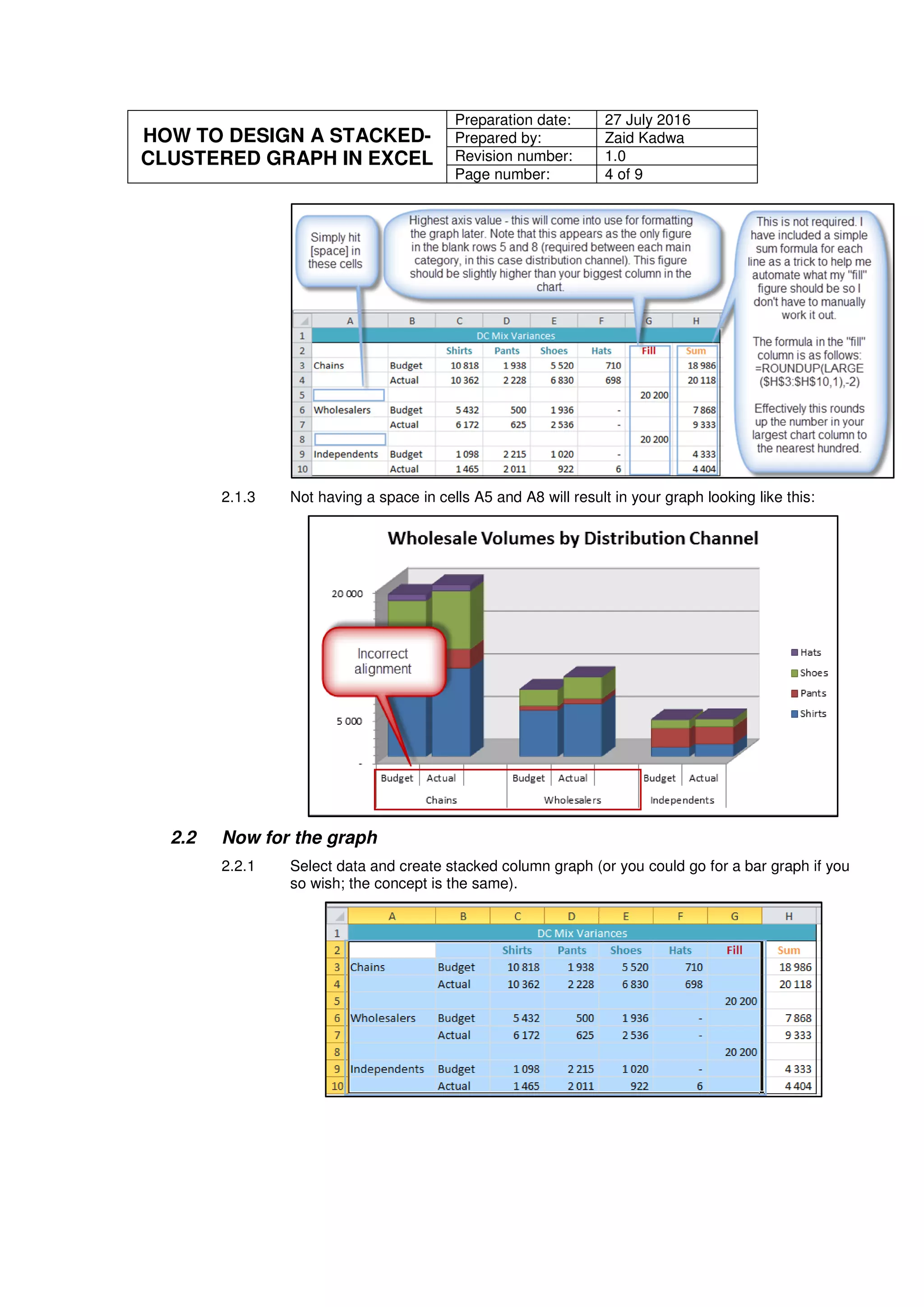 HOW TO DESIGN A STACKED-
CLUSTERED GRAPH IN EXCEL
Preparation date: 27 July 2016
Prepared by: Zaid Kadwa
Revision number: 1.0
Page number: 4 of 9
2.1.3 Not having a space in cells A5 and A8 will result in your graph looking like this:
2.2 Now for the graph
2.2.1 Select data and create stacked column graph (or you could go for a bar graph if you
so wish; the concept is the same).
 