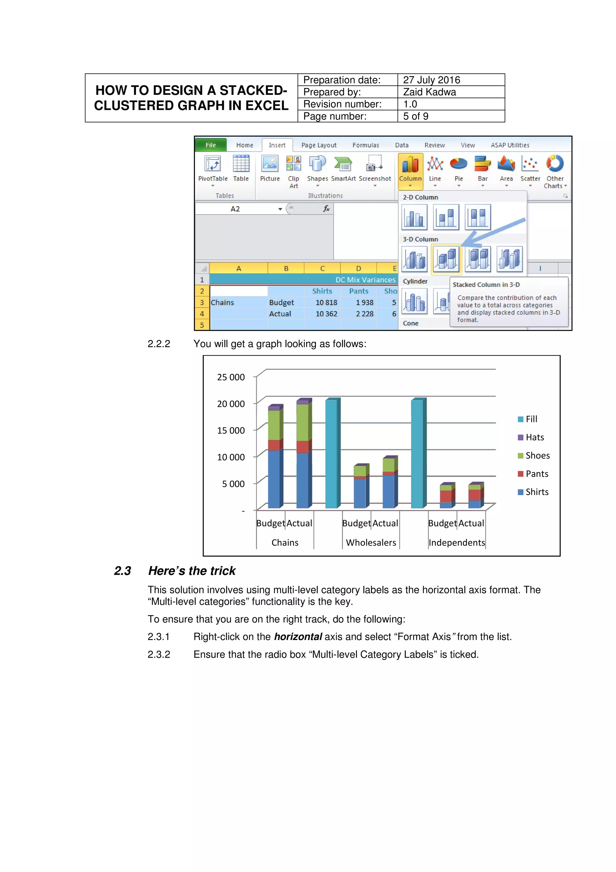 HOW TO DESIGN A STACKED-
CLUSTERED GRAPH IN EXCEL
Preparation date: 27 July 2016
Prepared by: Zaid Kadwa
Revision number: 1.0
Page number: 5 of 9
2.2.2 You will get a graph looking as follows:
2.3 Here’s the trick
This solution involves using multi-level category labels as the horizontal axis format. The
“Multi-level categories” functionality is the key.
To ensure that you are on the right track, do the following:
2.3.1 Right-click on the horizontal axis and select “Format Axis” from the list.
2.3.2 Ensure that the radio box “Multi-level Category Labels” is ticked.
-
5 000
10 000
15 000
20 000
25 000
BudgetActual BudgetActual BudgetActual
Chains Wholesalers Independents
Fill
Hats
Shoes
Pants
Shirts
 
