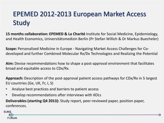 EPEMED 2012-2013 European Market Access
Study
15 months collaboration: EPEMED & La Charité Institute for Social Medicine, Epidemiology,
and Health Economics, Universitätsmedizin Berlin (Pr Stefan Willich & Dr Markus Buecheler)
Scope: Personalized Medicine in Europe - Navigating Market Access Challenges for Co-
developed and further Combined Molecular Rx/Dx Technologies and Realizing the Potential
Aim: Devise recommendations how to shape a post-approval environment that facilitates
broad and equitable access to CDx/Rx.
Approach: Description of the post-approval patient access pathways for CDx/Rx in 5 largest
EU countries (Ge, UK, Fr, I, S)
• Analyse best practices and barriers to patient access
• Develop recommendations after interviews with KOLs
Deliverables (starting Q4 2013): Study report, peer-reviewed paper, position paper,
conferences.
 