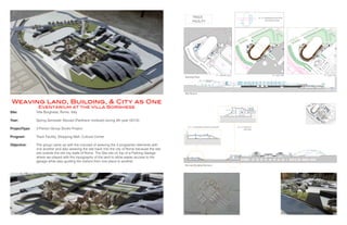 PRESS BOX
STORAGE
TRACK
FACILITY
Galoppatoio // Villa Borghese // Rome ADA // AJ MAZZACANO // ANDREW NGUYEN // DAVE SCHAARE
S-1 // STORAGE & TRACK AUXILIARY S-2 // FACILITY
SECTION
Storage
Storage
Mech
Storage
Storage
Storage
Storage
Storage
Storage
Gift Shop
Balcony
Park Level
Gift Shop
Vet
Up
Storage
Exhust
Info
Storage
Parking G. Level 1
cafe
Balcony
Balcony
Security
Concessions
Lu
xBo
x
Lu
xBo
x
Pre
ss
Bo
x
Ex Hall
Mech
Mech
Ex Hall
Lu
xBo
x
Lu
xBo
x
D-1 // Building as portal &
entrance to site
EXHAUST
MECH
CAFE
CONCESSION
LUX BOX
LUX BOX GIFT
SHOP
EXHIBIT
HALL SECURITY
BALCONY
BALCONY
LUX BOX
PRESS
BOX
LUX
BOX GIFT
SHOP
EXHIBIT
HALL
BALCONY
TRACK
FACILITY
Galoppatoio // Villa Borghese // Rome ADA // AJ MAZZACANO // ANDREW NGUYEN // DAVE SCHAARE
NORTHWEST ELEVATION
TF - GARAGE LEVEL TF -LEVEL ONE TF -LEVEL TWO
STRG.
MECH
INFO
STRG.
STRG.
VET
SIte:
Year:
ProjectType:
	
Program:
		
Objective:
Villa Borghese, Rome, Italy
Spring Semester Abroad (Pantheon Institute) during 4th year (2014)
3 Person Group Studio Project
Track Facility, Shopping Mall, Cultural Center
The group came up with the concept of weaving the 3 programtic elements with
one another and also weaving the site back into the city of Rome because the site
sits outside the old city walls of Rome. The Site sits on top of a Parking Garage
where we played with the topography of the land to allow easier access to the
garage while also guiding the visitors from one place to another.
Weaving Land, Building, & City as One
Eventarium at the Villa Borghese
Physical Model Photo
Physical Model Photo Concept Model Physical Model Photo
Site and Building Sections
Site Section
Building Plans
18 19
 