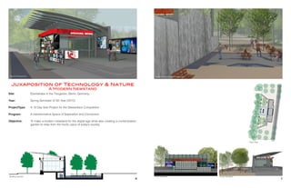 South ElevationFront ElevationBuilding Section
Floor Plan
Contemplation Garden PerspectiveExterior Perspective
Site:
Year:
ProjectType:
	
Program:
		
Objective: 	
	
Ebertstrabe in the Tiergarten, Berlin, Germany
Spring Semester of 5th Year (2015)
A 10 Day Solo Project for the Stewardson Competition
A transformative Space of Seperation and Connection
To make a modern newstand for the digital age while also creating a contemplation
garden to relax from the hectic pace of today’s society.
Juxaposition of Technology & Nature
A Modern Newstand
6 7
 