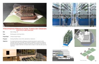 Site:
Year:
ProjectType:
	
Program:
		
Objective:
State College, PA
Fall Semester of 4th Year (2013)
3 Person Studio Project
Growing Facilities, Lecture Hall, Laboratories, Classroom
To conserve farming land by designing a facility that allows for plants to grow
vertically rather than horizontally. The building is designed to maximize sunlight to
the plants through designing a rotating crop machine. The building is built into the
hill and the program that does not require direct sunlight is under the plant-growing
machines.
Maximizing Production Through Design
Polyculture Center
Physical Model Photo
Physical Model Photo Building Section
Interior Perspective
Growing Tower Design
Growing Tower Design
12 13
Ground Floor Plan
 