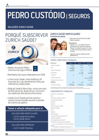 CONSULTORIA EM RECURSOS HUMANOS
28
PEDROCUSTÓDIO|SEGUROS
• Subscrição: até aos 64 anos de idade
(todas as opções)
Permanência:
• Opções 1 e 2: sem idade limite de
permanência se subscrito antes dos
55anos. Se subscrito após os 55 anos,
a idade limite de permanência são os
65 anos
• Opção 3: não tem idade limite de
permanência
SOLUÇÕES ZURICH SAÚDE
Internamento / Hospitalização 10% no mínimo de 200 € e máximo de 500 €
Parto 200,00 €
15,00 €Consultas de Especialidade
25,00 €Domicílios
40,00 €Urgências
1,50 €Análises Clínicas (por análise)
7,50 €Anatomia Patológica
7,50 €Raio X
12,50 €Ecografias
10%Medicina Nuclear
27,50 €omografia Axial Computorizada (TAC)
57,50 €Ressonância Magnética
10%Outros Meios Complementares de Diagnóstico
10%rgias e outros Atos Médicos em Assistência Ambulatória
50,00 €st. Ambulatória - Franquia por Pessoa Segura / Ano
Opção 1:
(4) Aplicável apenas quando subscrita a cobertura opcional de Estomatologia
(3) Consultas de Cuidados de Saúde Primários: Medicina Geral e Familiar (antiga Clínica Geral), Medicina Interna, Pediatria,
Ginecologia/Obstetrícia e Oftalmologia
15,00 €Consultas de Cuidados Primários
15,00 €Estomatologia (por ato médico)
COPAGAMENTOS E FRANQUIAS:
(4)
(3)
OPÇÕES, COBERTURAS E FRANQUIAS:
Condições de adesão:
(1) Apenas pode ser subscrito conjuntamente com a cobertura de assistência ambulatória.
Coberturas
(2) Acesso através da Linha Zurich Saúde e serviço prestado pela Clínica Universitária de Navarra (Espanha).
6 Individuais
ou 12 Grupo
6 Individuais
ou 12 Grupo
6 Individuais
ou 12 Grupo
Consultas de Psiquiatria
Assistência Hospitalar 15.000 € 50.000 € 500.000 €
Parto
1.500 €
(Opcional)(1)
(2)
2.000 € 3.000 €
Assistência Ambulatória
1.000 €
(Opcional) 2.500 € 5.000 €
Estomatologia
250 €
(Opcional)
1.000 €
(Opcional)
2ª Opinião Sim Sim Sim
Cobertura Internacional
75.000 €
Navarra: Ilimitado
Doenças Graves (Best Doctors) 1.000.000 €
Sublimites
Fisioterapia 500 € 500 € 500 €
Opção 1 Opção 2 Opção 3
PORQUÊ SUBSCREVER
ZURICH SAÚDE?
SOLUÇÃO PARA PARTICULARES
• Zurich Saúde Particulares
• Zurich Saúde Sénior
SOLUÇÃO PARA EMPRESAS
• Zurich Saúde Empresas
• Médico Assistente Médis
(Exclusivo do seguro Médis)
• Reembolso das taxas moderadoras em 90%
• Linha Zurich Saúde: linha telefónica 24
horas por dia, cujo atendimento é feito por
enfermeiros credenciados
• Rede de Saúde & Bem-Estar: conta com mais
de 800 parceiros, desde óticas, nutricionis-
tas medicinas alternativas entre outros
• Cartão Zurich Saúde permite acesso a
valores convencionados durante o período
de carência da apólice
Temos a solução adequada para si:
ZURICH SAÚDE PARTICULARES
 