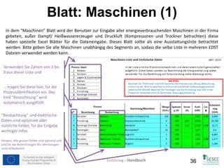 Blatt: Daten für EMBT (1) 
Die Ergebnisse aus diesem Blatt EDST werden für das Partnerwerkzeug EMBT (Energiemanagement und Benchmark 
Werkzeug) verwendet, genauer für das “Energieeinsatz” und “Benchmark” Blatt. Wie Sie sich erinnern, bietet dieses 
Werkzeug nur die Energieverteilung eines Produktionssegments, was bedeutet, dass für mehrere Produktionssegmente 
auch mehrere EDST angelegt werden müssen. Das gleiche Prinzip gilt für das Benchmarking, die Daten aus einem EDST 
sind nur für diese, speziell analysiert, gültig. 
Dieses Blatt beinhaltet drei verschiedene Ergebnisse mit drei Tabellen, die nach dem Klick auf die Schaltfläche zur 
Verfügung stehen. 
• Tabelle 1 Energieverteilung im Segment  Diese Tabelle repräsentiert die Energieverteilung in diesem Segment. 
Einfach die gesamten Werte auswählen und kopieren und in die Tabelle “Input Energieverteilung nach Prozessen” 
des “Energie Input” Blattes einfügen. 
• Tabelle 2 & 3, Benchmarking für Segmente Diese Tabellen beinhalten die erforderlichen Daten durch die 
Bereitstellung des Energieverhältnisses, sowohl elektrisch als auch thermisch, für Benchmark fähige Prozesse in 
dem ausgewählten Segment. Einfach die gesamten Werte auswählen und kopieren und in die Tabelle “Elektrischer 
Energieverbrauch” und “Kraftstoff Energieverbrauch” des “Benchmark/Vergleich” Blattes einfügen. 
Klicken Sie hier, um die Daten 
abzurufen. Diese Werte basieren 
auf den Daten aus dem “Ergebnis” 
Blattes. 
Co-funded by the Intelligent 
Energy Europe Programme of 
Einführung – Handbuch 
the European Union 36 
 