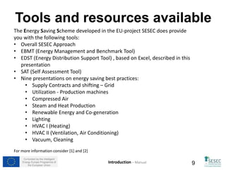 1. Anwendungsbereich festlegen 
2. Einrichten von Excel 
3. Eingabe technischer Daten 
4. Prüfen von Verteilungsausgabe, 
thermischer und elektrischer Energie 
5. Daten für EMBT (Daten die exportiert und 
im EMBT verwendet werden müssen) 
Co-funded by the Intelligent 
Energy Europe Programme of 
Schritte 
Einführung – Handbuch 
the European Union 9 
 