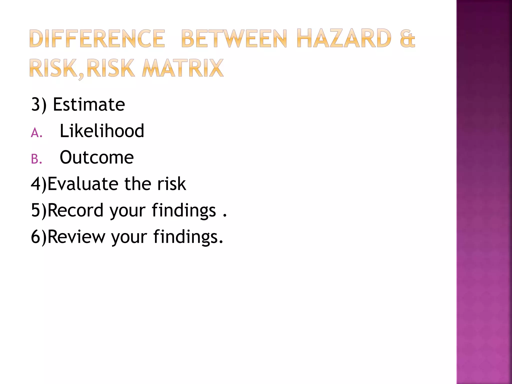 3) Estimate
A. Likelihood
B. Outcome
4)Evaluate the risk
5)Record your findings .
6)Review your findings.
 