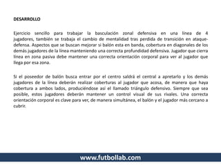 DESARROLLO
Ejercicio sencillo para trabajar la basculación zonal defensiva en una línea de 4
jugadores, también se trabaja el cambio de mentalidad tras perdida de transición en ataque-
defensa. Aspectos que se buscan mejorar si balón esta en banda, cobertura en diagonales de los
demás jugadores de la línea manteniendo una correcta profundidad defensiva. Jugador que cierra
línea en zona pasiva debe mantener una correcta orientación corporal para ver al jugador que
llega por esa zona.
Si el poseedor de balón busca entrar por el centro saldrá el central a apretarlo y los demás
jugadores de la línea deberán realizar coberturas al jugador que acosa, de manera que haya
cobertura a ambos lados, produciéndose así el llamado triángulo defensivo. Siempre que sea
posible, estos jugadores deberán mantener un control visual de sus rivales. Una correcta
orientación corporal es clave para ver, de manera simultánea, el balón y el jugador más cercano a
cubrir.
www.futbollab.com
 