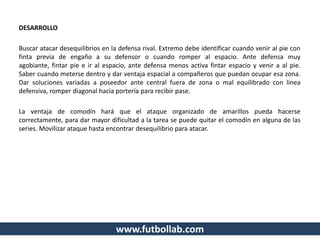 www.futbollab.com
DESARROLLO
Buscar atacar desequilibrios en la defensa rival. Extremo debe identificar cuando venir al pie con
finta previa de engaño a su defensor o cuando romper al espacio. Ante defensa muy
agobiante, fintar pie e ir al espacio, ante defensa menos activa fintar espacio y venir a al pie.
Saber cuando meterse dentro y dar ventaja espacial a compañeros que puedan ocupar esa zona.
Dar soluciones variadas a poseedor ante central fuera de zona o mal equilibrado con línea
defensiva, romper diagonal hacia portería para recibir pase.
La ventaja de comodín hará que el ataque organizado de amarillos pueda hacerse
correctamente, para dar mayor dificultad a la tarea se puede quitar el comodín en alguna de las
series. Movilizar ataque hasta encontrar desequilibrio para atacar.
 