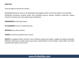 OBJETIVOS
Inicio de juego con presión de 2 puntas.
DEFENSIVOS Mantener acoso sin ser desbordado ante jugadores libres, discriminar alejado a zona de balón.
OFENSIVOS Orientación corporal (recibir bien perfilados) generar ventajas mediante conducción. Apoyos
correctos y moverse para crear espacios para compañeros.
DIMENSIONES 45-30 medio campo.
Nº JUGADORES 9-9 más 1 comodín ofensivo.
MATERIAL picas, petos, balones.
TIEMPO 15 minutos se pueden hacer 2 series.
REGLAS Los jugadores deben mantener zona en defensa excepto para seguir a jugador que apoya a poseedor.
Mediante conducción se puede avanzar para buscar superioridad en zona de medios. Toques libres. Con balón
se puede hacer apoyos a otras zonas.
www.futbollab.com
 