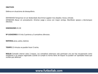 www.futbollab.com
OBJETIVOS
Defensa en situaciones de desequilibrio.
DEFENSIVOS Temporizar sin ser desbordado discriminar jugador mas alejados. Acoso, entrada.
OFENSIVOS Atacar sin precipitación. Orientar juego a zonas con mayor ventaja. Manifestar apoyos y desmarques
efectivos.
DIMENSIONES 45-30
Nº JUGADORES 8- 8 más 2 porteros y 3 comodines ofensivos.
MATERIAL picas, petos, balones
TIEMPO 12 minutos se pueden hacer 2 series.
REGLAS Comodín interior solos 2 toques. Los comodines exteriores solo participan una vez hay recuperación como
receptores o en ataque organizado cuando se cumple la norma libres de toques no pueden ser apretados hasta que
reciben pos defensor.
 