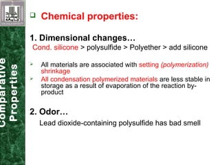  Chemical properties:
1. Dimensional changes…
Cond. silicone > polysulfide > Polyether > add silicone
 All materials are associated with setting (polymerization)
shrinkage
 All condensation polymerized materials are less stable in
storage as a result of evaporation of the reaction by-
product
2. Odor…
Lead dioxide-containing polysulfide has bad smell
Comparative
Properties
 