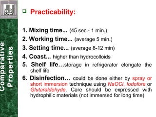  Practicability:
1. Mixing time... (45 sec.- 1 min.)
2. Working time... (average 5 min.)
3. Setting time... (average 8-12 min)
4. Coast... higher than hydrocolloids
5. Shelf life…storage in refrigerator elongate the
shelf life
6. Disinfection… could be done either by spray or
short immersion technique using NaOCl, Iodofore or
Glutaraldehyde. Care should be expressed with
hydrophilic materials (not immersed for long time)
Comparative
Properties
 