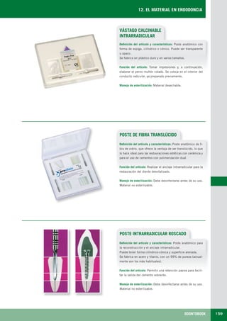 ODONTOBOOK 159
12. EL MATERIAL EN ENDODONCIA
POSTE DE FIBRA TRANSLÚCIDO
POSTE INTRARRADICULAR ROSCADO
Definición del artículo y características: Poste anatómico de fi-
bra de vidrio, que ofrece la ventaja de ser translúcido, lo que
lo hace ideal para las restauraciones estéticas con cerámica y
para el uso de cementos con polimerización dual.
Función del artículo: Realizar el anclaje intrarradicular para la
restauración del diente desvitalizado.
Manejo de esterilización: Debe desinfectarse antes de su uso.
Material no esterilizable.
Definición del artículo y características: Poste anatómico para
la reconstrucción y el anclaje intrarradicular.
Puede tener forma cilíndrico-cónica y superficie arenada.
Se fabrica en acero y titanio, con un 99% de pureza (actual-
mente son los más habituales).
Función del artículo: Permitir una retención pasiva para facili-
tar la salida del cemento sobrante.
Manejo de esterilización: Debe desinfectarse antes de su uso.
Material no esterilizable.
VÁSTAGO CALCINABLE
INTRARRADICULAR
Definición del artículo y características: Poste anatómico con
forma de espiga, cilíndrico o cónico. Puede ser transparente
u opaco.
Se fabrica en plástico duro y en varios tamaños.
Función del artículo: Tomar impresiones y, a continuación,
elaborar el perno muñón colado. Se coloca en el interior del
conducto radicular, ya preparado previamente.
Manejo de esterilización: Material desechable.
LLIBRE PROCLINIC-OK-corregido.indd 159 6/9/10 16:36:16
 