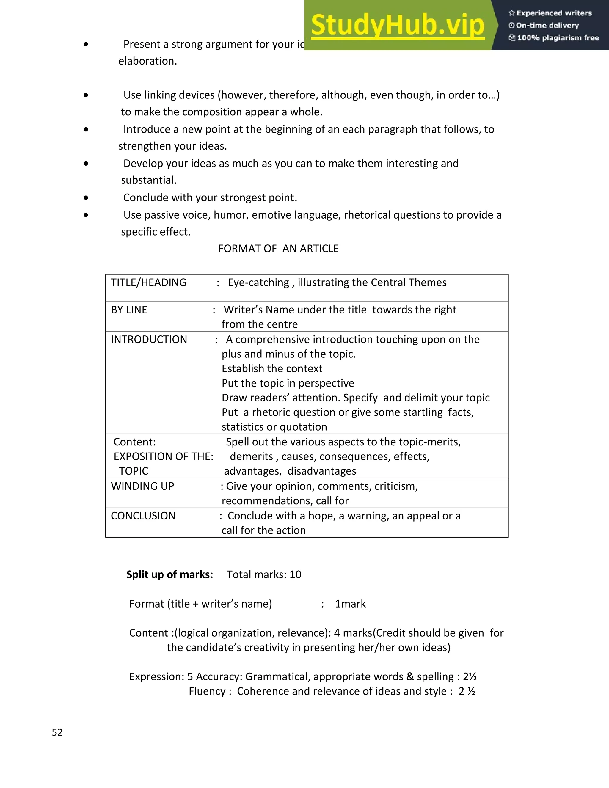 52
• Present a strong argument for your ideas supporting it with evidences or
elaboration.
• Use linking devices (however, therefore, although, even though, in order to )
to make the composition appear a whole.
• Introduce a new point at the beginning of an each paragraph that follows, to
strengthen your ideas.
• Develop your ideas as much as you can to make them interesting and
substantial.
• Conclude with your strongest point.
• Use passive voice, humor, emotive language, rhetorical questions to provide a
specific effect.
FORMAT OF AN ARTICLE
TITLE/HEADING : Eye-catching , illustrating the Central Themes
BY LINE : Writer s Name under the title towards the right
from the centre
INTRODUCTION : A comprehensive introduction touching upon on the
plus and minus of the topic.
Establish the context
Put the topic in perspective
Draw readers attention. Specify and delimit your topic
Put a rhetoric question or give some startling facts,
statistics or quotation
Content: Spell out the various aspects to the topic-merits,
EXPOSITION OF THE: demerits , causes, consequences, effects,
TOPIC advantages, disadvantages
WINDING UP : Give your opinion, comments, criticism,
recommendations, call for
CONCLUSION : Conclude with a hope, a warning, an appeal or a
call for the action
Split up of marks: Total marks: 10
Format (title + writer s name) : 1mark
Content :(logical organization, relevance): 4 marks(Credit should be given for
the candidate s creativity in presenting her/her own ideas)
Expression: 5 Accuracy: Grammatical, appropriate words & spelling : 2½
Fluency : Coherence and relevance of ideas and style : 2 ½
 