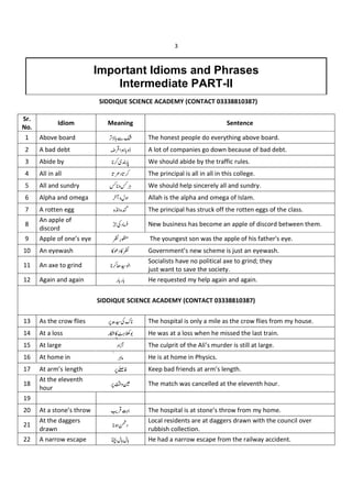 3
SIDDIQUE SCIENCE ACADEMY (CONTACT 03338810387)
Sr.
No.
Idiom Meaning Sentence
1 Above board The honest people do everything above board.
2 A bad debt A lot of companies go down because of bad debt.
3 Abide by We should abide by the traffic rules.
4 All in all The principal is all in all in this college.
5 All and sundry We should help sincerely all and sundry.
6 Alpha and omega Allah is the alpha and omega of Islam.
7 A rotten egg The principal has struck off the rotten eggs of the class.
8
An apple of
discord
New business has become an apple of discord between them.
9 Apple of one’s eye !"# The youngest son was the apple of his father's eye.
10 An eyewash %& % Government’s new scheme is just an eyewash.
11 An axe to grind '(
)
Socialists have no political axe to grind; they
just want to save the society.
12 Again and again " " He requested my help again and again.
13 As the crow flies *+' , The hospital is only a mile as the crow flies from my house.
14 At a loss "-%./0 He was at a loss when he missed the last train.
15 At large 1 The culprit of the Ali’s murder is still at large.
16 At home in 2 He is at home in Physics.
17 At arm’s length *34 Keep bad friends at arm’s length.
18
At the eleventh
hour
*5 6 The match was cancelled at the eleventh hour.
19
20 At a stone’s throw 7 8 The hospital is at stone’s throw from my home.
21
At the daggers
drawn
9
Local residents are at daggers drawn with the council over
rubbish collection.
22 A narrow escape : He had a narrow escape from the railway accident.
Important Idioms and Phrases
Intermediate PART-II
SIDDIQUE SCIENCE ACADEMY (CONTACT 03338810387)
 