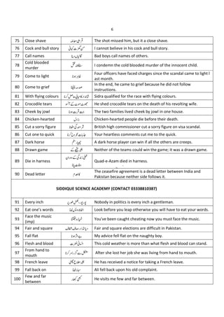 6
75 Close shave ±²³ The shot missed him, but it a close shave.
76 Cock and bull story UVx´µ I cannot believe in his cock and bull story.
77 Call names ¶ z·¸ Bad boys call names of others.
78
Cold blooded
murder
¹]%º I condemn the cold blooded murder of the innocent child.
79 Come to light »
Four officers have faced charges since the scandal came to light l
ast month.
80 Come to grief ¼½¾
In the end, he came to grief because he did not follow
instructions.
81 With flying colours «L¬•%" l¿ Sidra qualified for the race with flying colours.
82 Crocodile tears À CÁ‡ÁX He shed crocodile tears on the death of his revolting wife.
83 Cheek by jowl Â 8 The two families lived cheek by jowl in one house.
84 Chicken-hearted Ã Chicken-hearted people die before their death.
85 Cut a sorry figure Ä sÅÆ British high commissioner cut a sorry figure on visa scandal.
86 Cut one to quick Ç Èx É Your heartless comments cut me to the quick.
87 Dark horse Ê"Ë A dark horse player can win if all the others are creeps.
88 Drawn game CÌÍ Neither of the teams could win the game; it was a drawn game.
89 Die in harness
N" Csl1Î
x4
Quad-e-Azam died in harness.
90 Dead letter }Ï%
The ceasefire agreement is a dead letter between India and
Pakistan because neither side follows it.
91 Every inch *"ÐÑ“"Ò"Ò Nobody in politics is every inch a gentleman.
92 Eat one’s words ÓÔ ÕÖ Look before you leap otherwise you will have to eat your words.
93
Face the music
(imp)
× 1Ø You've been caught cheating now you must face the music.
94 Fair and square §Ù§¨“" Új Fair and square elections are difficult in Pakistan.
95 Fall flat Û R My advice fell flat on the naughty boy.
96 Flesh and blood xÜUƒ This cold weather is more than what flesh and blood can stand.
97
From hand to
mouth
Ý"Þ ß After she lost her job she was living from hand to mouth.
98 French leave àáâ Í He has received a notice for taking a French leave.
99 Fall back on Ó"€ Ali fell back upon his old complaint.
100
Few and far
between
"ãˆ He visits me few and far between.
SIDDIQUE SCIENCE ACADEMY (CONTACT 03338810387)
 
