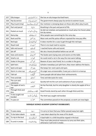 9
157 Oily tongue }-
.
N 1 /¿T She has an oily tongue but bad heart.
158 Pay lip service 0 N 1§1 The government always pays lip service to women issues.
159 Play truant (imp) =23 ‚ O Our institute is clamping down on those who often play truant.
160 Part and parcel 4H1 Breathing is the part and parcel of life.
161 Pocket an insult ü ý5 R
He did not retaliate and pocketed an insult when his friend called
him by names.
162 Rainy day %x" 6
5 Wise people save something for the rainy day.
163 Rank and file 78“} Most rank and file police officers rejected the new pay offer.
164 Red tape 9 "% : ; It takes months for a case to get through the red tape.
165 Royal road "Nô
< There is no royal road to success.
166 Safe and sound = > I reached home safe and sound.
167 Set off ] " We ate a hearty breakfast before we set off.
168 Sixes and sevens 9 ? The books were laying sixes and sevens on the table.
169 Smell a rat He could smell a rat in the way the men were talking.
170 Snake in the grass 9 @ Beware of your new friend, he is a snake in the grass.
171 Split hairs " Scholars nowadays just split hairs; they never address the basics.
172 Spick and span A§¨ She keeps her room spick and span.
173 Storm in a tea cup ½B*x 78 His anger was unreasonable, it was just a storm in a teacup.
174 Talk tall "CD Some people talk tall about their achievements.
175 Time and tide 5 Þ Time and tide waits for none.
176
The sum and
substance
•!!" Quickly tell me the sum and substance of your proposal.
177
The apple of one’s
eye
" %E
He has five kids, but his only daughter is clearly the apple of his e
ye.
178
Through thick and
thin
A5 `ý" n Good friends stand by each other through thick and thin.
179
To be caught red
handed
"FGzH°I" The thief was caught red handed.
180 To pass on #
" The committee passed on the proposal, so work can now begin.
181 To pass away = I'm sorry to hear that your father passed away last night.
182 To be taken aback = "JK I was taken aback by the news of his death.
183 To nip in the bud ¶ Aá Æ A bad habit in a child should be nipped in the bud.
184 To end in smoke ÂL M4R
They must take practical measures to carry out their plan;
otherwise it will end in smoke.
SIDDIQUE SCIENCE ACADEMY (CONTACT 03338810387)
 