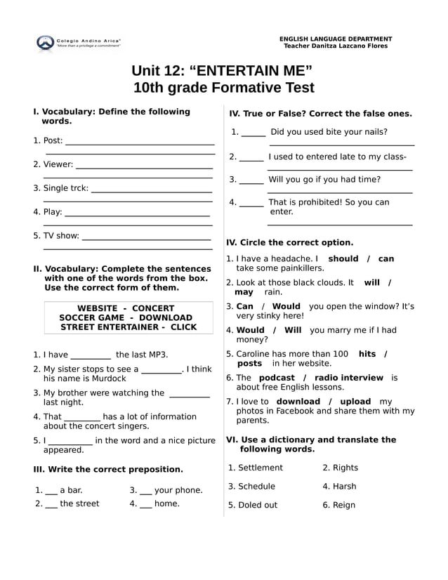12 Entertain Me! Formative Test | PDF