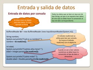 Entrada y salida de datos
Entrada de datos por consola
BufferedReader br = new BufferedReader (new InputStreamReader(System.in));
String nombre;
System.out.println(“Cuál es su nombre? ");
nombre = br.readLine();
int edad;
System.out.println(“Cuántos años tiene? ");
edad = Integer.parseInt(br.readLine());
System.out.println(“Cuánto mide? ");
double edad = Double.parseDouble(br.readLine());
Todos los datos que se leen en Java son de
tipo String, así que si se requiere leer datos
de otro tipo se debe hacer la conversión al
tipo de dato correspondiente.Se debe crear un objeto
para leer datos. En este
ejemplo se llama br
El método readlLine() se
utiliza para leer por consola.
Se invoca el método
readLine() con el objeto br.
Cuando se van a leer valores
numéricos se debe hacer la
conversión al tipo de dato a
almacenar.
 