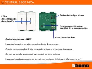 LED´s de señalización de activación Sedes de configuradores Candado para bloquear cambios en la programación Central escénica Art. N4681 La central escénica permite memorizar hasta 4 escenarios Cuenta con cubreteclas Kristal para poder rotular el nombre de la escena Se pueden instalar varias centrales escénicas en el sistema La central puede crear escenas sobre todas las áreas del sistema (Caminos de luz) Conexión cable Bus CENTRAL ESCÉNICA 