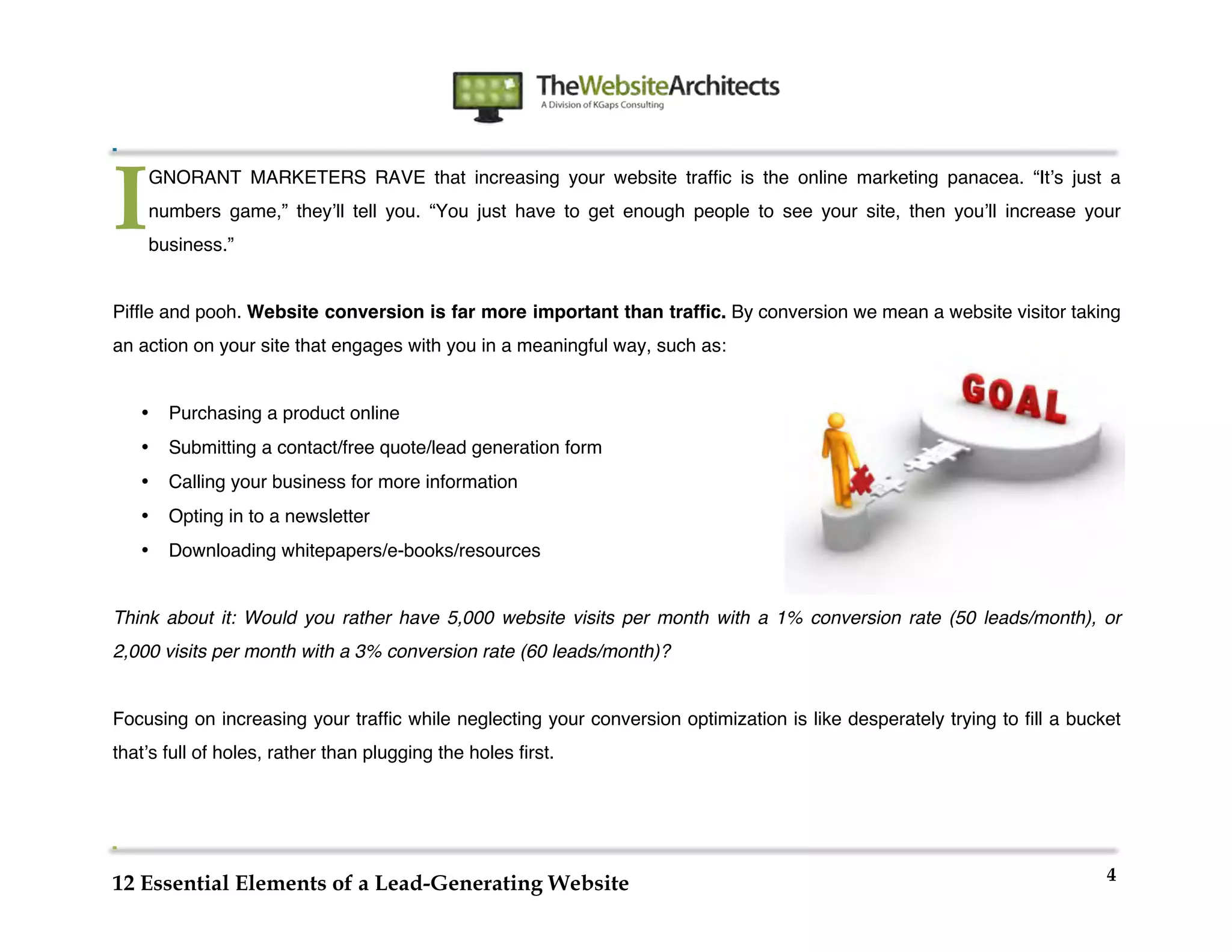  
                                                                  	
  
	
  
	
  
	
  


I      GNORANT MARKETERS RAVE that increasing your website traffic is the online marketing panacea. “Itʼs just a
       numbers game,” theyʼll tell you. “You just have to get enough people to see your site, then youʼll increase your
       business.”


Piffle and pooh. Website conversion is far more important than traffic. By conversion we mean a website visitor taking
an action on your site that engages with you in a meaningful way, such as:


       •   Purchasing a product online
       •   Submitting a contact/free quote/lead generation form
       •   Calling your business for more information
       •   Opting in to a newsletter
       •   Downloading whitepapers/e-books/resources


Think about it: Would you rather have 5,000 website visits per month with a 1% conversion rate (50 leads/month), or
2,000 visits per month with a 3% conversion rate (60 leads/month)?


Focusing on increasing your traffic while neglecting your conversion optimization is like desperately trying to fill a bucket
thatʼs full of holes, rather than plugging the holes first.




                                                                                                                           4
12 Essential Elements of a Lead-Generating Website
 