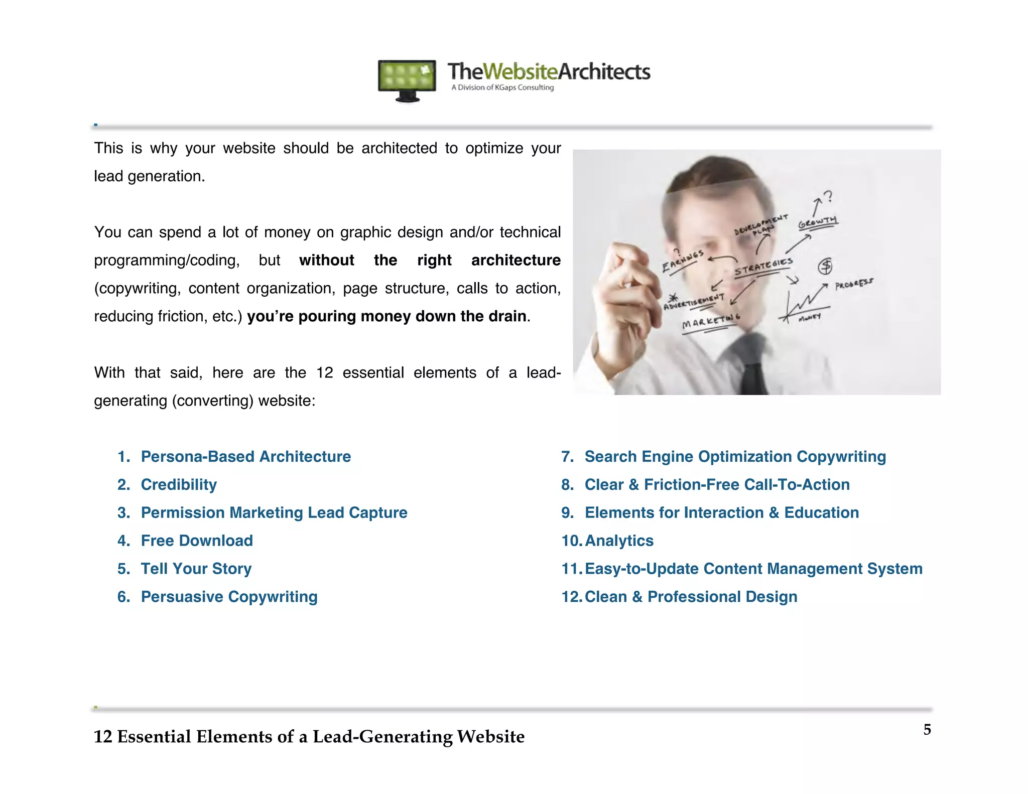  
                                                             	
  
	
  
	
  
	
  
This is why your website should be architected to optimize your
lead generation.


You can spend a lot of money on graphic design and/or technical
programming/coding,     but   without   the    right   architecture
(copywriting, content organization, page structure, calls to action,
reducing friction, etc.) youʼre pouring money down the drain.


With that said, here are the 12 essential elements of a lead-
generating (converting) website:


   1. Persona-Based Architecture                                      7. Search Engine Optimization Copywriting
   2. Credibility                                                     8. Clear & Friction-Free Call-To-Action
   3. Permission Marketing Lead Capture                               9. Elements for Interaction & Education
   4. Free Download                                                   10. Analytics
   5. Tell Your Story                                                 11. Easy-to-Update Content Management System
   6. Persuasive Copywriting                                          12. Clean & Professional Design




                                                                                                                     5
12 Essential Elements of a Lead-Generating Website
 