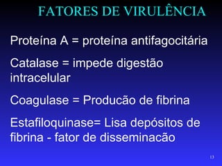 FATORES DE VIRULÊNCIA

Proteína A = proteína antifagocitária
Catalase = impede digestão
intracelular
Coagulase = Producão de fibrina
Estafiloquinase= Lisa depósitos de
fibrina - fator de disseminacão
                                        13
 