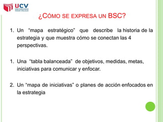 ¿CÓMO SE EXPRESA UN BSC? 
1. Un “mapa estratégico” que describe la historia de la 
estrategia y que muestra cómo se conectan las 4 
perspectivas. 
1. Una “tabla balanceada” de objetivos, medidas, metas, 
iniciativas para comunicar y enfocar. 
2. Un “mapa de iniciativas” o planes de acción enfocados en 
la estrategia 
 