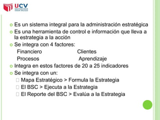  Es un sistema integral para la administración estratégica 
 Es una herramienta de control e información que lleva a 
la estrategia a la acción 
 Se integra con 4 factores: 
Financiero Clientes 
Procesos Aprendizaje 
 Integra en estos factores de 20 a 25 indicadores 
 Se integra con un: 
ƒ Mapa Estratégico > Formula la Estrategia 
ƒ El BSC > Ejecuta a la Estrategia 
ƒ El Reporte del BSC > Evalúa a la Estrategia 
 