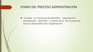 ETAPAS DEL PROCESO ADMINISTRACION
 consiste en el proceso de planificar organización ,
coordinación, dirección y control, de la de la personas
recurso disponibles de la organización
 