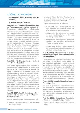 28 > SOCIEDAD ESPAÑOLA DE FARMACIA HOSPITALARIA
12 EXPERIENCIAS PARA TRANSFORMAR LA FARMACIA HOSPITALARIA
¿CÓMO LO HICIMOS?
1. Cronograma (fecha de inicio y fases del
proyecto)
2. Alianzas internas / externas
Fase 1A (2007): Establecimiento de la Unidad
de Farmacogenética: recursos humanos, in-
fraestructura y recursos físicos y estructurales.
El primer paso fue la instalación del laboratorio
de Farmacogenética, un espacio físico especí-
fico dentro del Servicio de Farmacia, con una
infraestructura básica dotada del equipamien-
to de un laboratorio de Biología Molecular. Se
reclutó a su vez el equipo humano, compues-
to por especialistas en Farmacia y Biología
Molecular. Entre las funciones del equipo se
encuentran el asesoramiento sobre Farmaco-
genética, procesado de las muestras y realiza-
ción de las técnicas de genotipado, así como
del análisis e interpretación de los resultados y
la preparación de informes farmacogenéticos
y de los documentos científicos, en colabora-
ción con los investigadores colaboradores.
Fase 1B (2007): Establecimiento de las líneas
de actuación de partida.
Para poder lograr el objetivo de aumentar la
eficiencia de la farmacoterapia en el HUVN, se
decidió actuar principalmente en aquellas te-
rapias que presentan un elevado coste, cuya
efectividad es variable y en las cuales existían
biomarcadores farmacogenéticos con un po-
tencial para su implantación en la clínica a nivel
hospitalario. Para ello, se iniciaron varias líneas
de investigación en Oncología, Reumatología,
Nefrología y Toxicología, para identificar bio-
marcadores de efectividad a cada terapia que
permitieran la individualización de la misma y la
selección de pacientes respondedores a cada
fármaco.
Fase 1C (2007): Establecimiento de colabo-
raciones internas para el uso de infraestruc-
turas adicionales.
Uso de infraestructuras comunes en el HUVN:
-	Servicio de Análisis Clínicos: Secuenciador
ABI PRISM 3130xl.
-	 Unidad de Apoyo Científico-Técnico: Nano-
drop, instalaciones para aislamiento, mani-
pulación y almacenamiento de RNA.
-	 Oferta de los servicios de la Unidad.
•	 Inclusión de los documentos de solicitud
de pruebas farmacogenéticas en las pla-
taformas electrónicas del hospital.
•	 Incorporación del laboratorio como des-
tino en el circuito de transporte de mues-
tras biológicas del HUVN.
•	 Incorporación de la Consulta de Farma-
cogenética a la plataforma de gestión de
citación clínica del HUVN.
•	 Incorporación del Informe Farmacogené-
tico en las plataformas de integración de
la historia clínica electrónica.
Fase 1D (2007): Establecimiento de colabo-
raciones externas para la realización de servi-
cios adicionales.
Con el objetivo de dar una cobertura más am-
plia de los biomarcadores farmacogenéticos
que podían ser analizados y de los fármacos
que podían ser objeto de estudio, se eligieron
varios servicios externos de genotipado múl-
tiple mediante biochip comercial incluyen-
do enzimas metabolizadoras de fase I, fase II,
transportadores, receptores y otras entidades
moleculares que puedan causar o se han aso-
ciado con diferencias en la distribución de me-
dicamentos, eficacia, metabolismo y toxicidad.
Fase 2 (2008): Acreditación de la Unidad de
Farmacogenética.
Con el fin de garantizar la calidad de los servi-
cios ofertados, la Unidad de Farmacogenética
del HUVN se acreditó para constituirse como
una plataforma asistencial y de investigación,
según el Sistema de Calidad Norma UNE-EN-
ISO 9001:2008.
Fase 3A (2008): Búsqueda de financiación
externa: entidades públicas y privadas.
-	Convocatorias públicas, nacionales y regio-
nales
 
