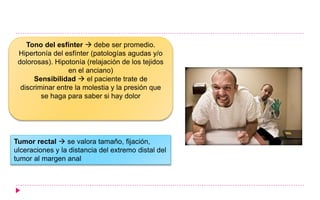 Tono del esfínter  debe ser promedio.
Hipertonía del esfínter (patologías agudas y/o
dolorosas). Hipotonía (relajación de los tejidos
en el anciano)
Sensibilidad  el paciente trate de
discriminar entre la molestia y la presión que
se haga para saber si hay dolor
Tumor rectal  se valora tamaño, fijación,
ulceraciones y la distancia del extremo distal del
tumor al margen anal
 
