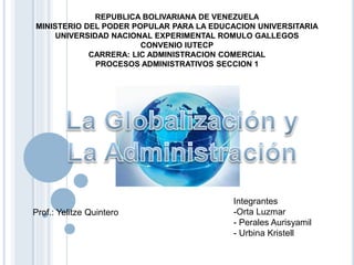 REPUBLICA BOLIVARIANA DE VENEZUELA
MINISTERIO DEL PODER POPULAR PARA LA EDUCACION UNIVERSITARIA
UNIVERSIDAD NACIONAL EXPERIMENTAL ROMULO GALLEGOS
CONVENIO IUTECP
CARRERA: LIC ADMINISTRACION COMERCIAL
PROCESOS ADMINISTRATIVOS SECCION 1
Integrantes
-Orta Luzmar
- Perales Aurisyamil
- Urbina Kristell
Prof.: Yelitze Quintero
 