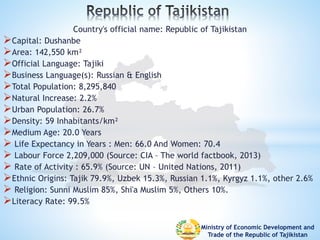 Ministry of Economic Development and
Trade of the Republic of Tajikistan
Country's official name: Republic of Tajikistan
...