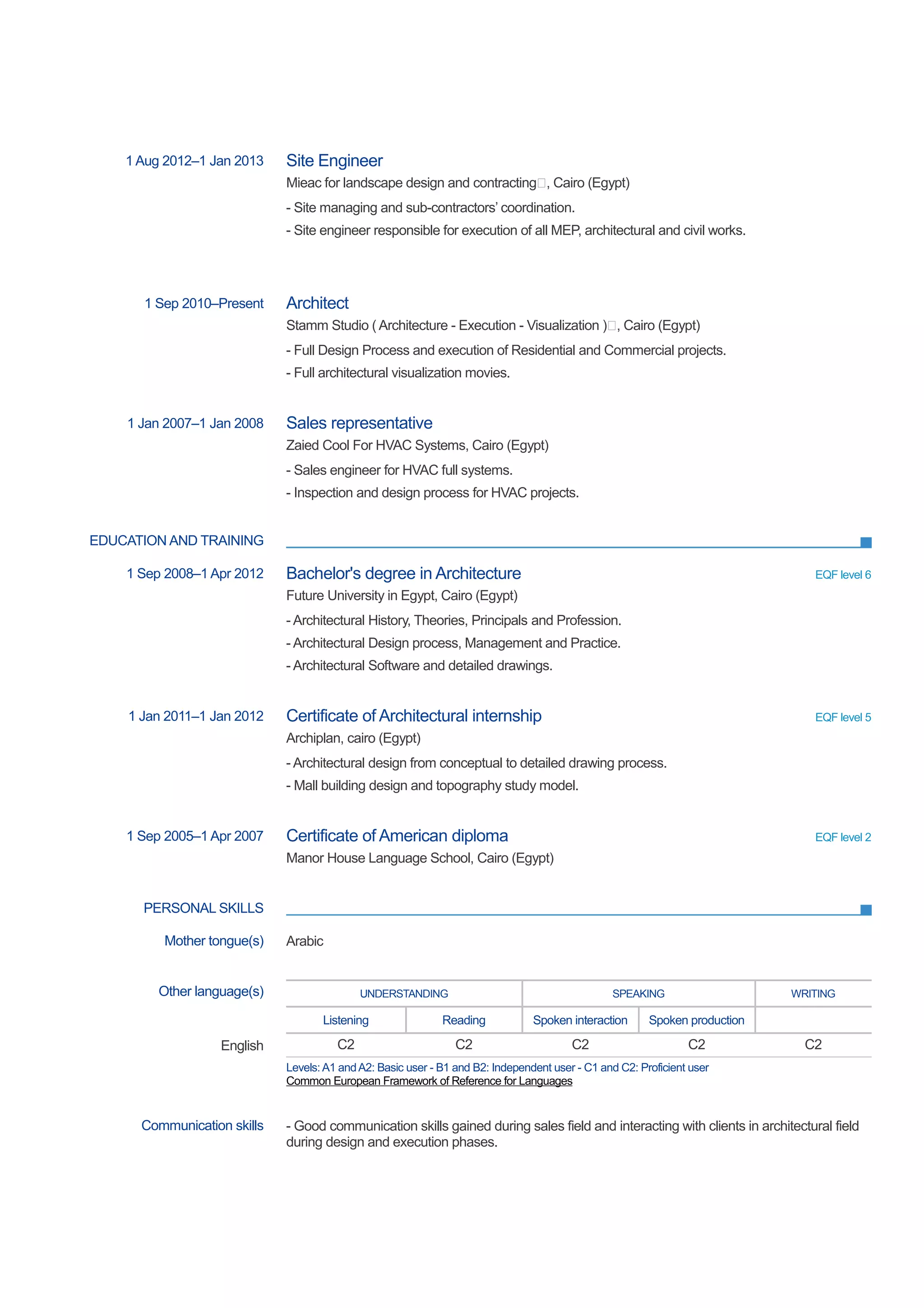 EDUCATION AND TRAINING
PERSONAL SKILLS
1 Aug 2012–1 Jan 2013 Site Engineer
Mieac for landscape design and contracting, Cairo (Egypt)
- Site managing and sub-contractors’ coordination.
- Site engineer responsible for execution of all MEP, architectural and civil works.
1 Sep 2010–Present Architect
Stamm Studio ( Architecture - Execution - Visualization ), Cairo (Egypt)
- Full Design Process and execution of Residential and Commercial projects.
- Full architectural visualization movies.
1 Jan 2007–1 Jan 2008 Sales representative
Zaied Cool For HVAC Systems, Cairo (Egypt)
- Sales engineer for HVAC full systems.
- Inspection and design process for HVAC projects.
1 Sep 2008–1 Apr 2012 Bachelor's degree in Architecture EQF level 6
Future University in Egypt, Cairo (Egypt)
- Architectural History, Theories, Principals and Profession.
- Architectural Design process, Management and Practice.
- Architectural Software and detailed drawings.
1 Jan 2011–1 Jan 2012 Certificate of Architectural internship EQF level 5
Archiplan, cairo (Egypt)
- Architectural design from conceptual to detailed drawing process.
- Mall building design and topography study model.
1 Sep 2005–1 Apr 2007 Certificate of American diploma EQF level 2
Manor House Language School, Cairo (Egypt)
Mother tongue(s) Arabic
Other language(s) UNDERSTANDING SPEAKING WRITING
Listening Reading Spoken interaction Spoken production
English C2 C2 C2 C2 C2
Levels:A1 andA2: Basic user - B1 and B2: Independent user - C1 and C2: Proficient user
Common European Framework of Reference for Languages
Communication skills - Good communication skills gained during sales field and interacting with clients in architectural field
during design and execution phases.
 