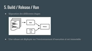 5. Build / Release / Run
● Séparation des différentes étapes
● Une release est déployée sur l’environnement d’execution et est immutable
 