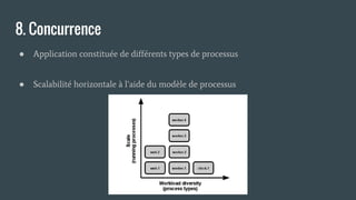 8. Concurrence
● Application constituée de différents types de processus
● Scalabilité horizontale à l’aide du modèle de processus
 