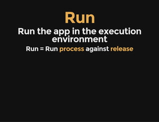 Run
Run the app in the execution
environment
Run = Run process against release
 