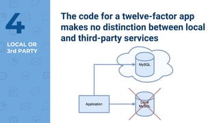 LOCAL OR
3rd PARTY
4 The code for a twelve-factor app
makes no distinction between local
and third-party services
 