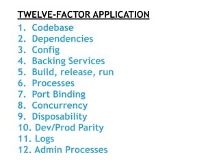 TWELVE-FACTOR APPLICATION
1. Codebase
2. Dependencies
3. Config
4. Backing Services
5. Build, release, run
6. Processes
7. Port Binding
8. Concurrency
9. Disposability
10. Dev/Prod Parity
11. Logs
12. Admin Processes
 