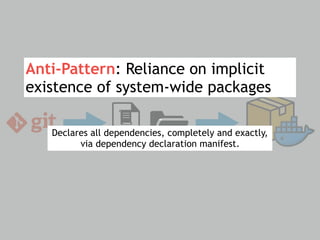 Code / Dependencies
-
Anti-Pattern: Reliance on implicit
existence of system-wide packages
Declares all dependencies, completely and exactly,
via dependency declaration manifest.
 