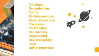 ■ Codebase
■ Dependencies
■ Config
■ Backing services
■ Build, release, run
■ Processes
■ Port binding
■ Concurrency
■ Disposability
■ Dev/prod parity
■ Logs
■ Admin processes 3
 
