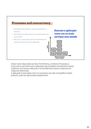 Processes and concurrency
• Não dependa de sessões ou dados armazenados no
ambiente
• Informações de sessão devem ser armazenadas numa
Store externa
• Mais de um serviço deve poder ser instanciado sem
impacto no funcionamento da aplicação
Execute a aplicação
como um ou mais
serviços sem estado
Ainda muito relacionado ao fator Port-Binding, os fatores Processes e
Concurrency permitem que a aplicação seja escalada verticalmente (várias
instâncias na mesma máquina) e horizontalmente (várias instâncias em
máquinas diferentes).
A aplicação é executada como um processo que não compartilha estado,
portanto, pode ser gerenciada isoladamente.
10
 