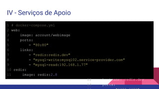 IV - Serviços de Apoio
1 # docker-compose.yml
2 web:
3 image: account/webimage
4 ports:
5 - "80:80"
6 links:
7 - "redis:redis.dev"
8 - "mysql-write:mysql02.service-provider.com"
9 - "mysql-read:192.168.1.77"
10 redis:
11 image: redis:2.8
12 hostname: redis.dev
13 ports:
 