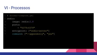 VI - Processos
1 # docker-compose.yml
2 redis:
3 image: redis:2.8
4 ports:
5 - "6379:6379"
6 entrypoint: ["redis-server"]
7 command: ["--appendonly", "yes"]
 