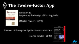 The Twelve-Factor App
Refactoring
Improving the Design of Existing Code
(Martin Fowler - 1999)
Patterns of Enterprise Application Architecture
(Martin Fowler - 2003)
 
