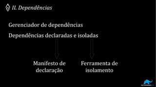 Gerenciador de dependências
II. Dependências
Dependências declaradas e isoladas
Manifesto de
declaração
Dependências declaradas e isoladas
Ferramenta de
isolamento
 